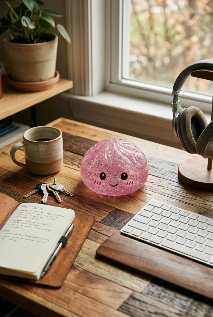 Glitter Dumpling Squishy Roze Kawaii op het bureau