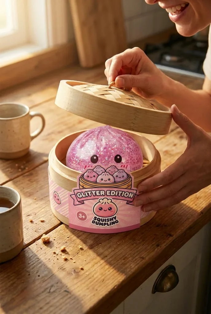 Glitter Dumpling Squishy Roze Kawaii tijdens het uitpakken