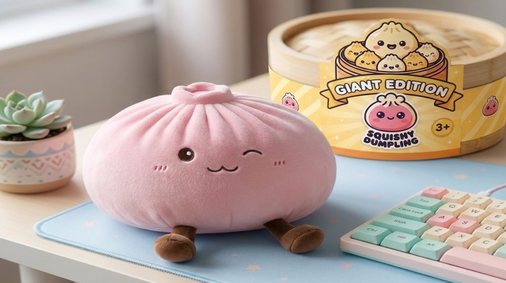 Squishy Dumpling Toy Roze XXL Knuffelkussen in zijn kawaii omgeving