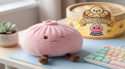 Squishy Dumpling Toy Roze XXL Knuffelkussen in zijn kawaii omgeving