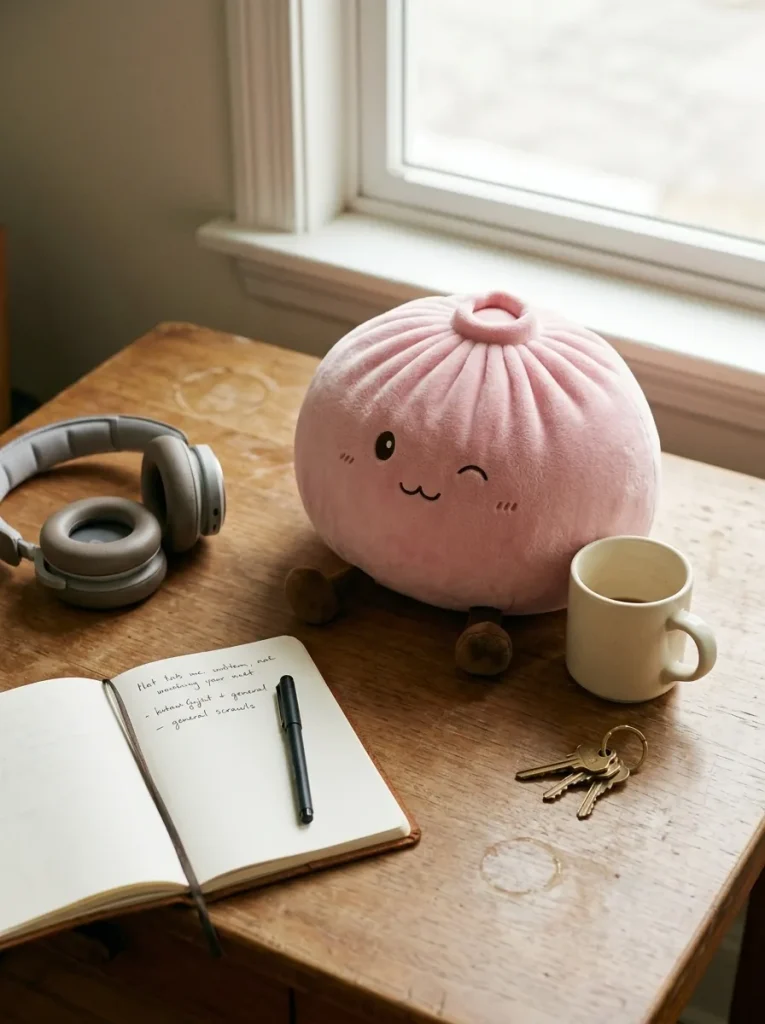 Squishy Dumpling Toy Roze XXL Knuffelkussen op het bureau