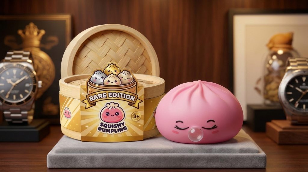 Dumpling Squishy Rose Rare Blow met Bamboe Mandje in zijn kawaii omgeving