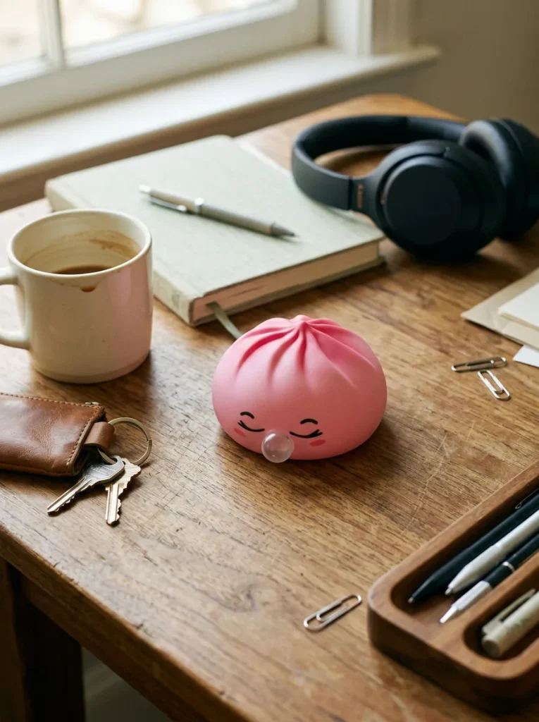Dumpling Squishy Rose Rare Blow met Bamboe Mandje op het bureau