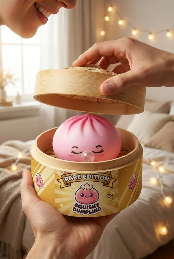Dumpling Squishy Rose Rare Blow met Bamboe Mandje tijdens het uitpakken