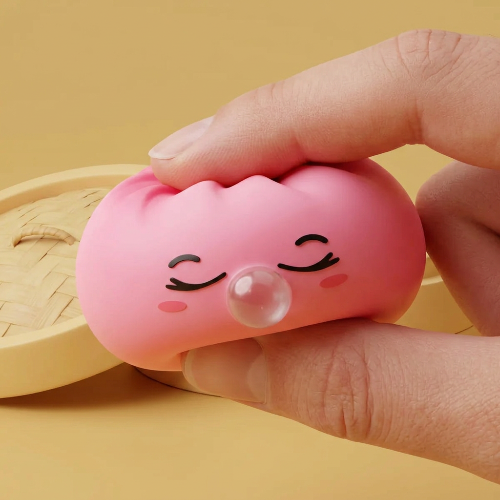 Dumpling Squishy Rose Rare Blow met Bamboe Mandje — slow-rise effect, het schuim vert langzaam terug