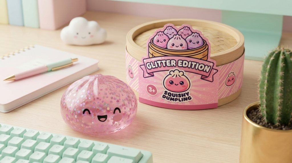 Dumpling Squishy Rose Sparkle Bubblegum Roze in zijn kawaii omgeving