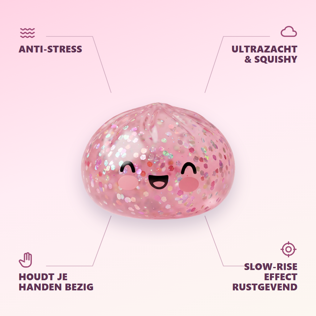 Dumpling Squishy Rose Sparkle Bubblegum Roze — zijn voordelen