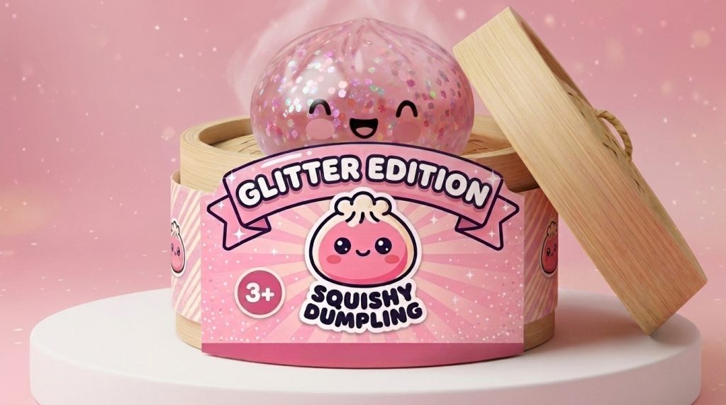 Dumpling Squishy Rose Sparkle Bubblegum Roze in het bamboe stoommandje