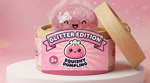 Dumpling Squishy Rose Sparkle Bubblegum Roze in het bamboe stoommandje