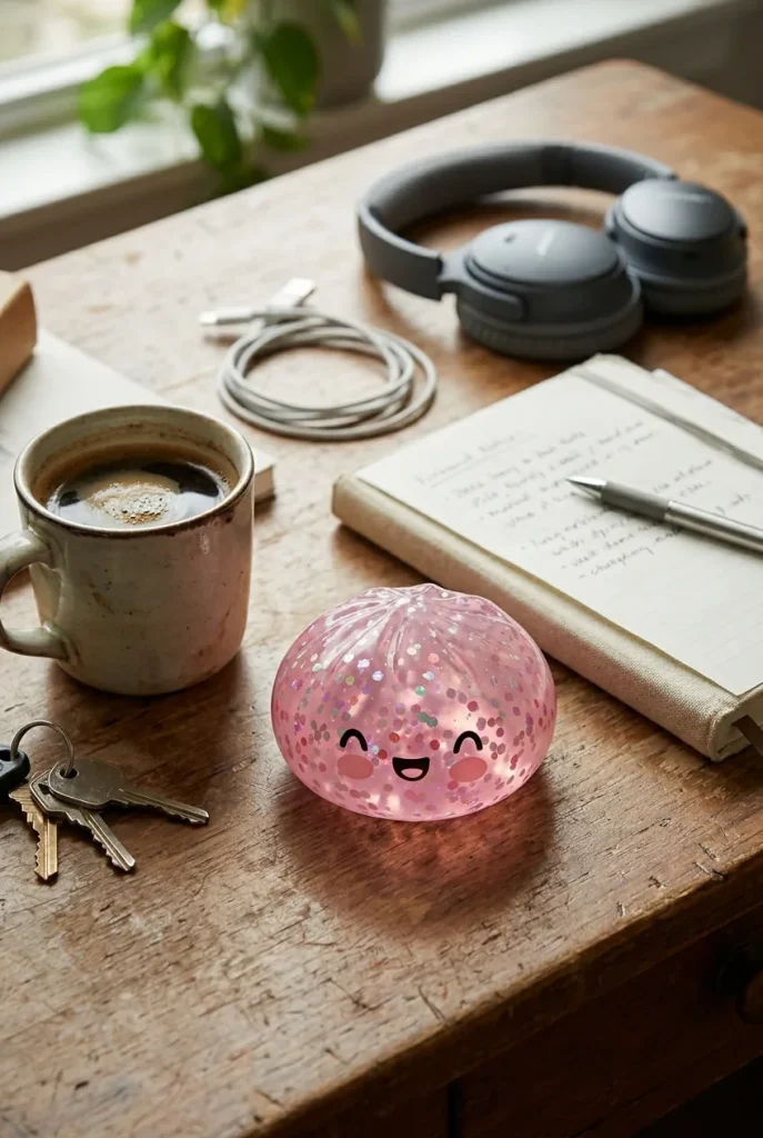 Dumpling Squishy Rose Sparkle Bubblegum Roze op het bureau