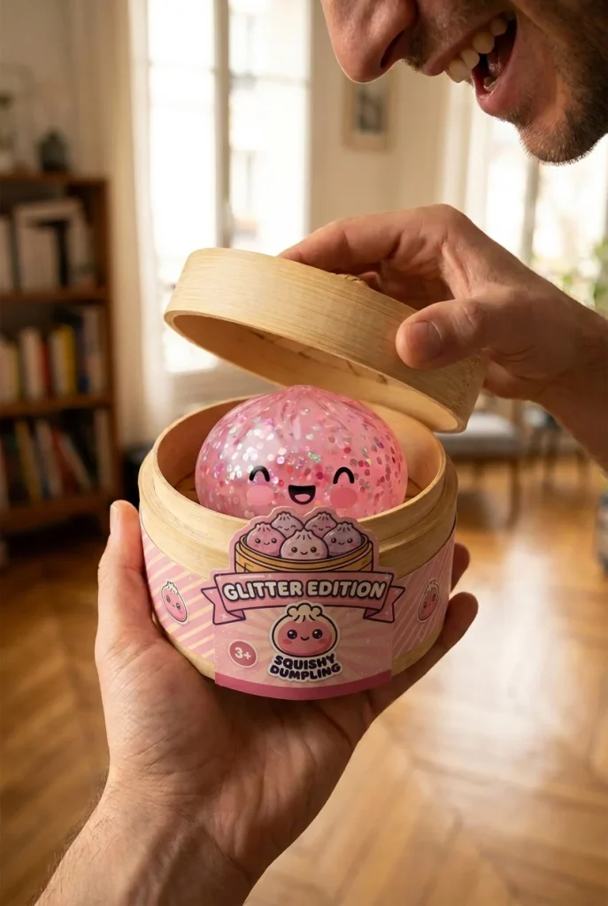 Dumpling Squishy Rose Sparkle Bubblegum Roze tijdens het uitpakken
