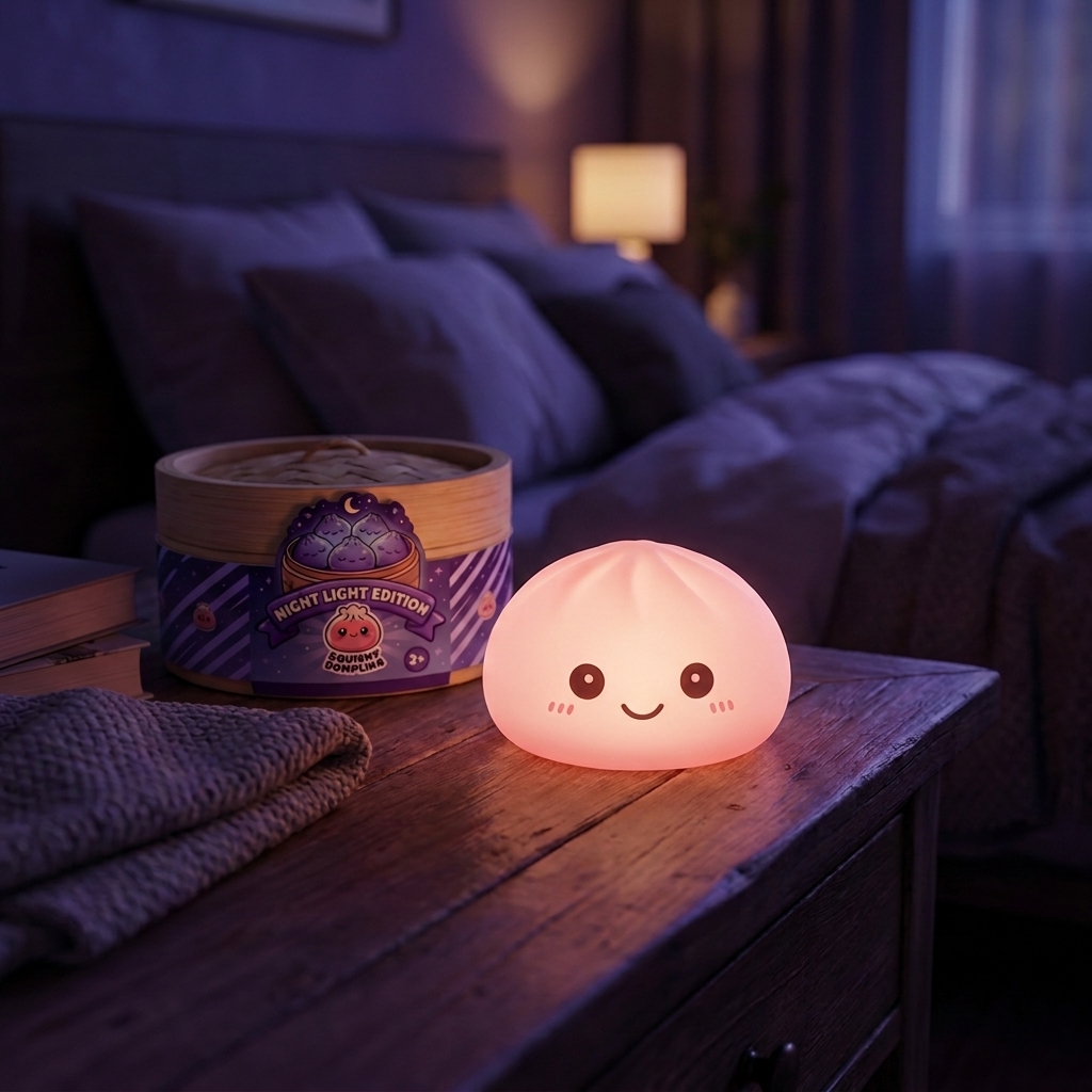 Dumpling Squishy Nachtlampje Zacht Roze in zijn kawaii omgeving