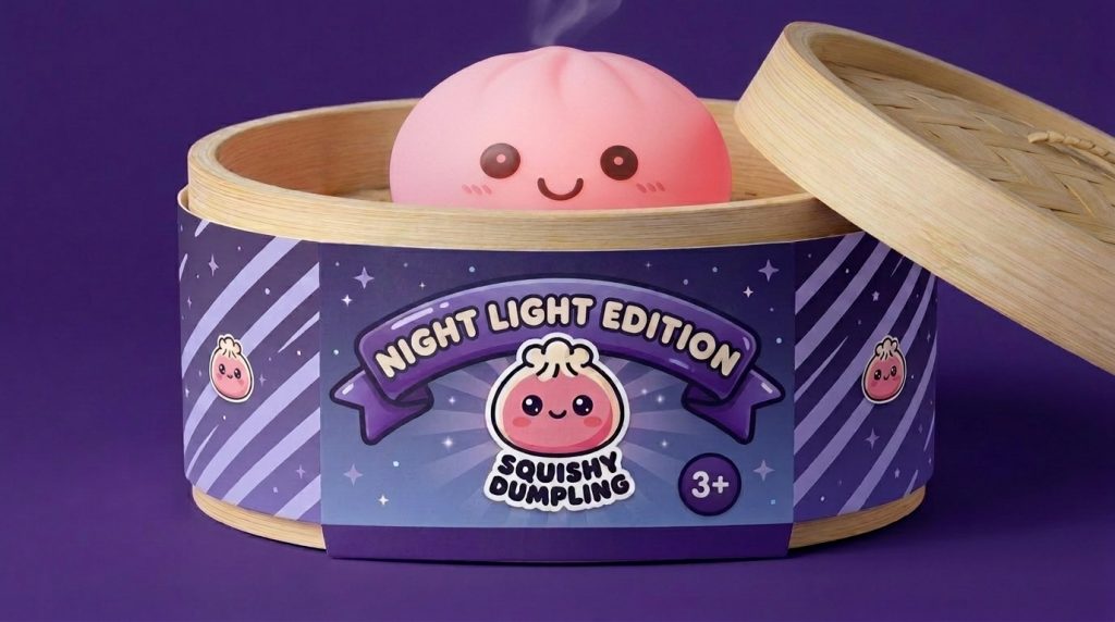 Dumpling Squishy Nachtlampje Zacht Roze in het bamboe stoommandje