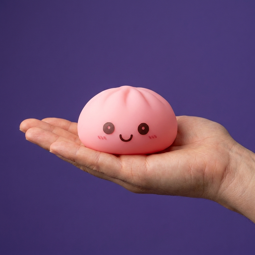 Dumpling Squishy Nachtlampje Zacht Roze in de hand gehouden, echte grootte