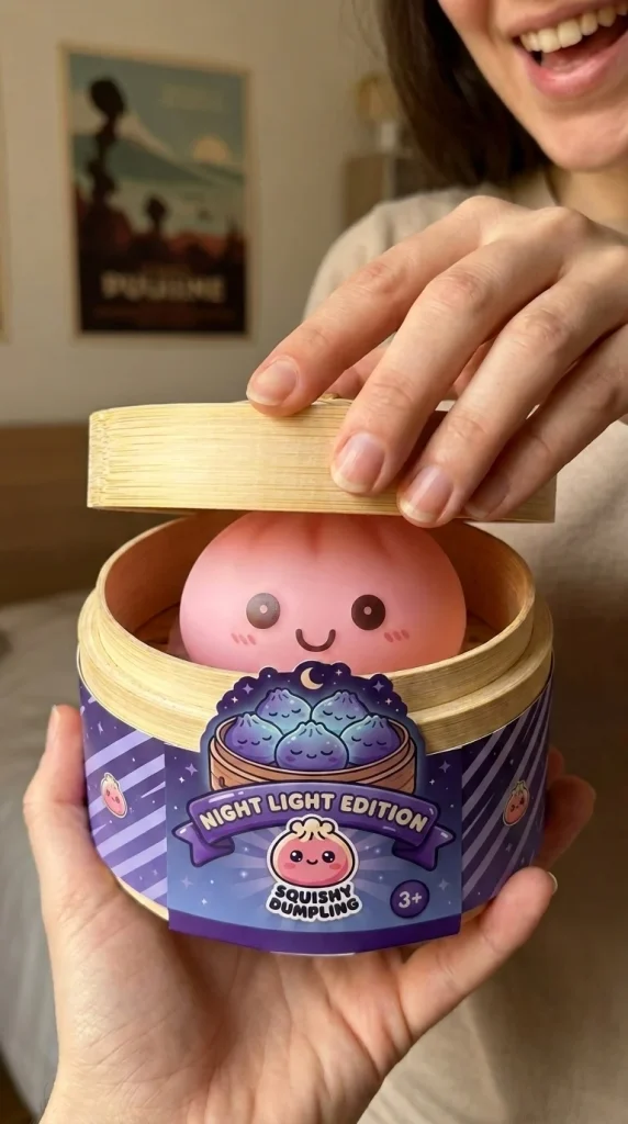 Dumpling Squishy Nachtlampje Zacht Roze tijdens het uitpakken