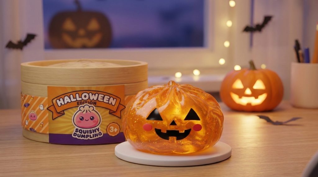 Pumpkin Dumpling Squishy Halloween Lichtgevend in zijn kawaii omgeving