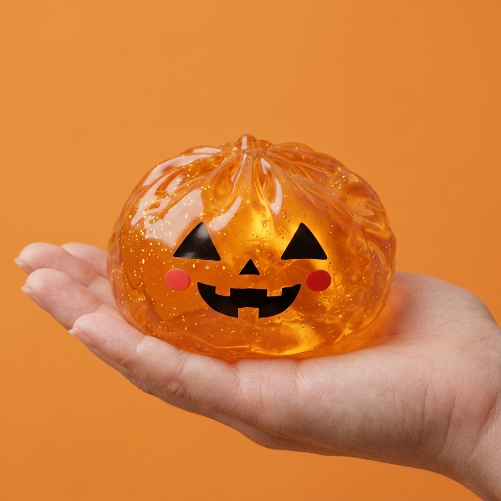 Pumpkin Dumpling Squishy Halloween Lichtgevend in de hand gehouden, echte grootte
