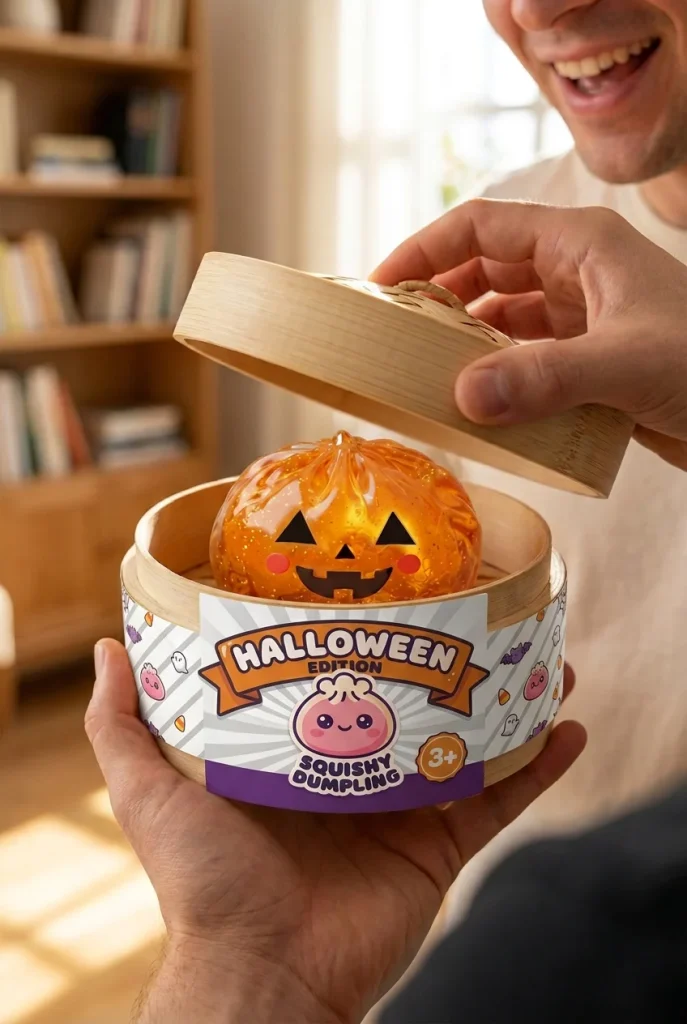 Pumpkin Dumpling Squishy Halloween Lichtgevend tijdens het uitpakken
