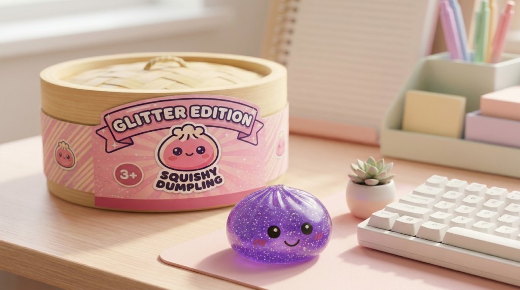 Glitter Dumpling Squishy Paars Dromerig in zijn kawaii omgeving