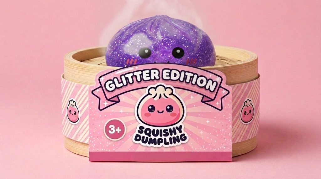 Glitter Dumpling Squishy Paars Dromerig in het bamboe stoommandje