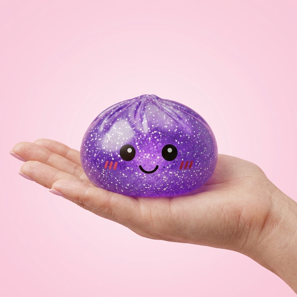 Glitter Dumpling Squishy Paars Dromerig in de hand gehouden, echte grootte