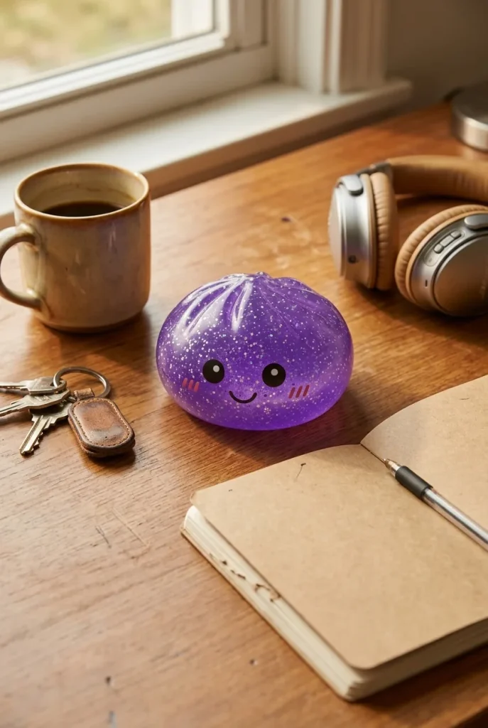 Glitter Dumpling Squishy Paars Dromerig op het bureau