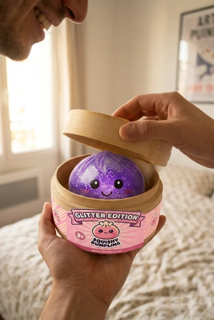 Glitter Dumpling Squishy Paars Dromerig tijdens het uitpakken