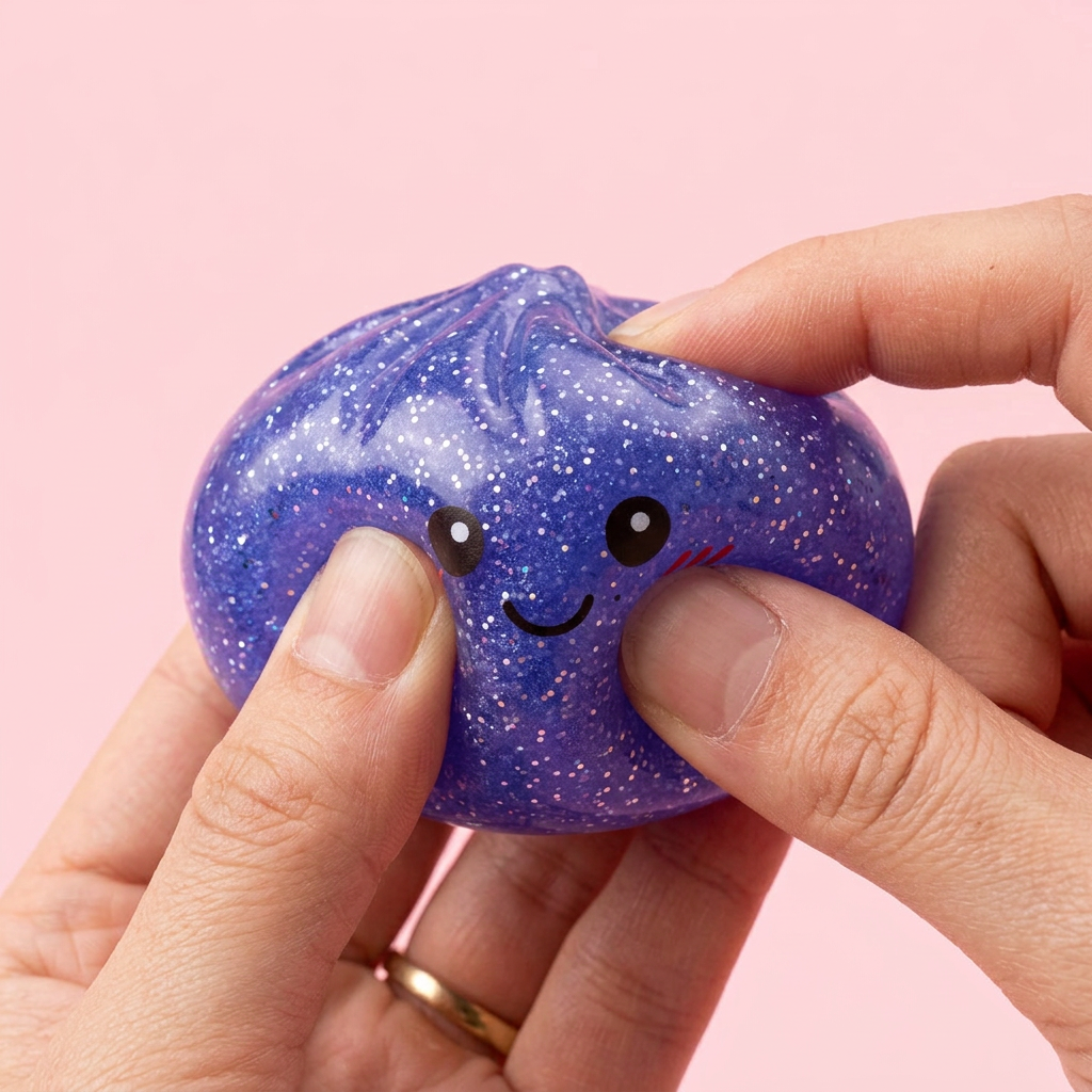 Glitter Dumpling Squishy Paars Dromerig — slow-rise effect, het schuim vert langzaam terug