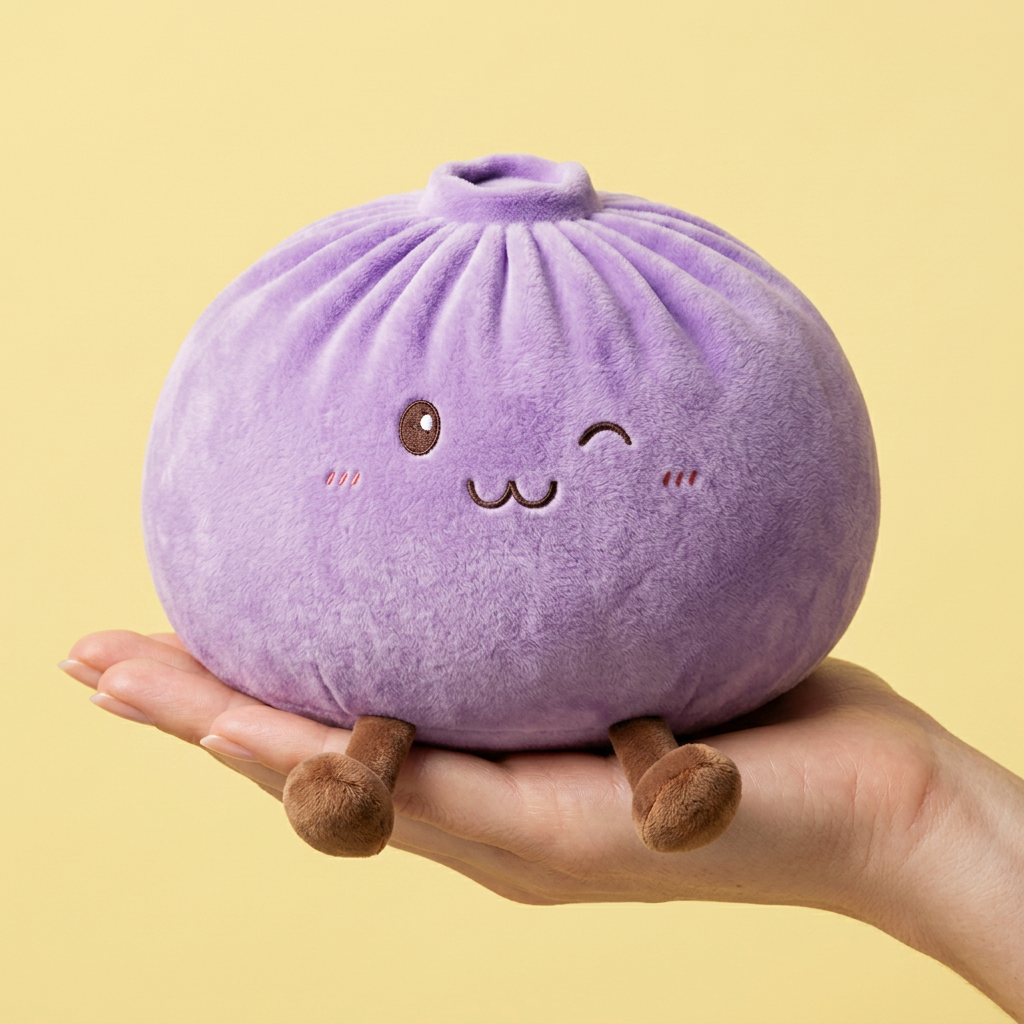 Dumpling Squishy Giant Paars in de hand gehouden, echte grootte