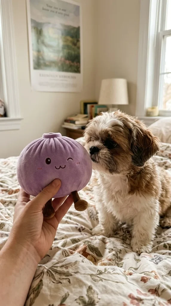 Dumpling Squishy Giant Paars met een knuffel