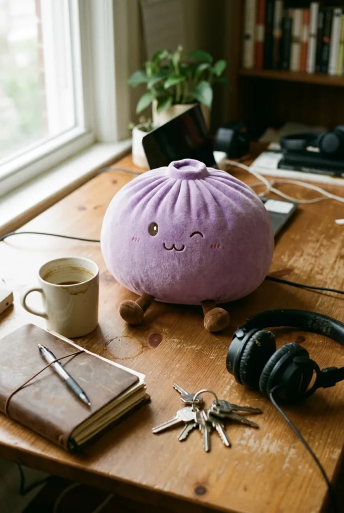 Dumpling Squishy Giant Paars op het bureau
