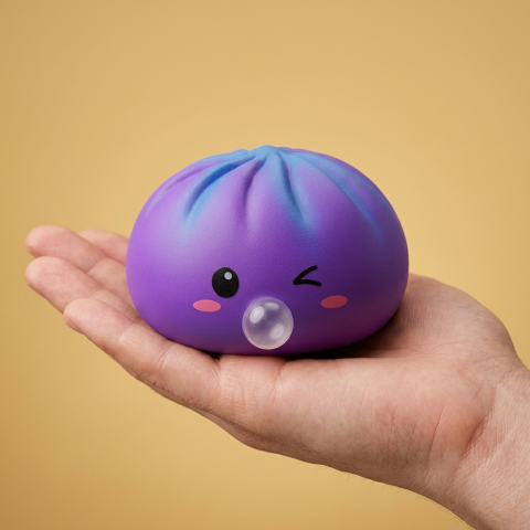 Dumpling Squishy Purple Rare Blow Cosmic Paars in de hand gehouden, echte grootte