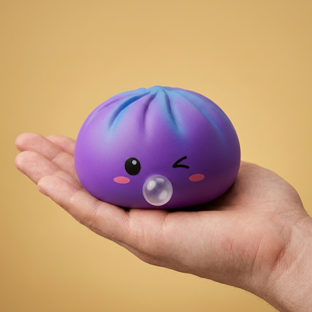 Dumpling Squishy Purple Rare Blow Cosmic Paars in de hand gehouden, echte grootte