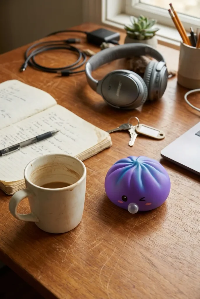 Dumpling Squishy Purple Rare Blow Cosmic Paars op het bureau