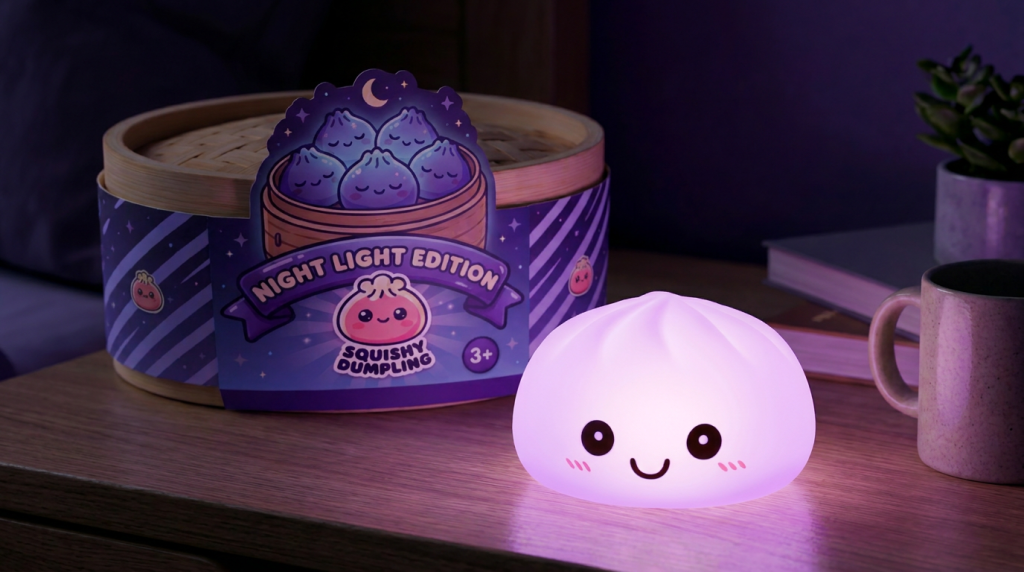 Dumpling Squishy Nachtlampje Zacht Paars in zijn kawaii omgeving