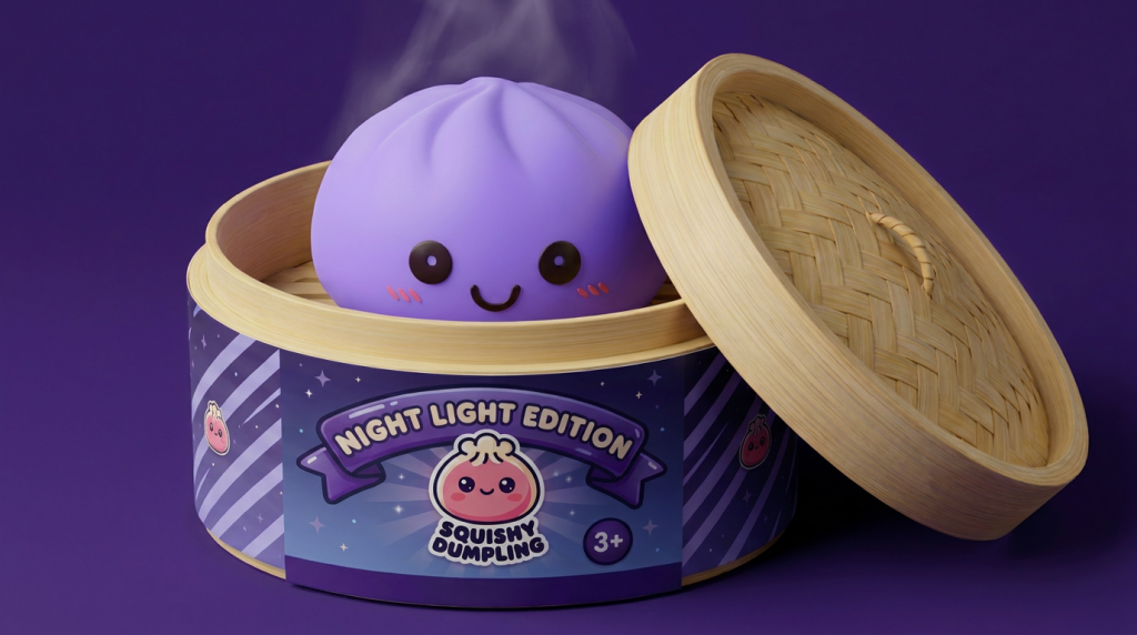 Dumpling Squishy Nachtlampje Zacht Paars in het bamboe stoommandje