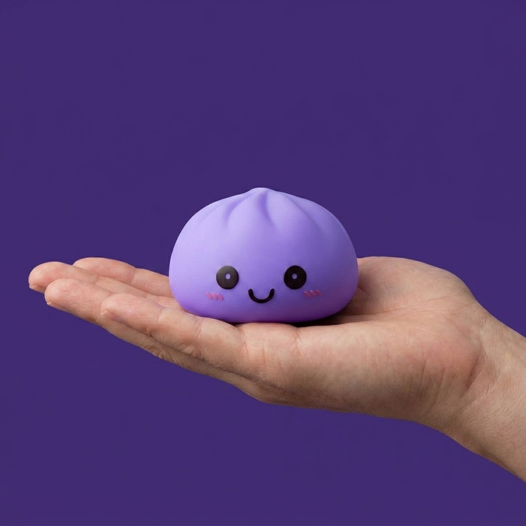 Dumpling Squishy Nachtlampje Zacht Paars in de hand gehouden, echte grootte