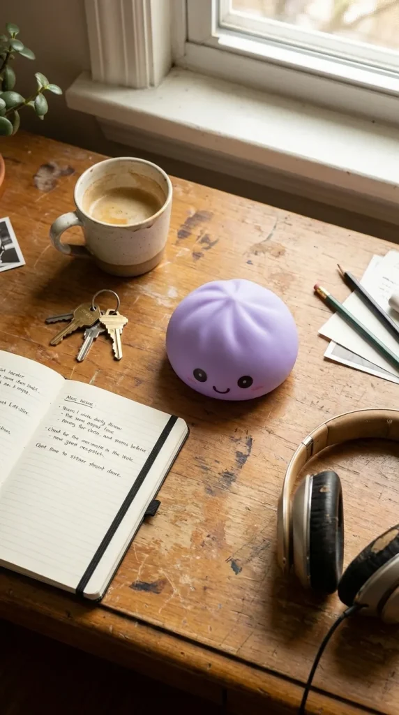 Dumpling Squishy Nachtlampje Zacht Paars op het bureau