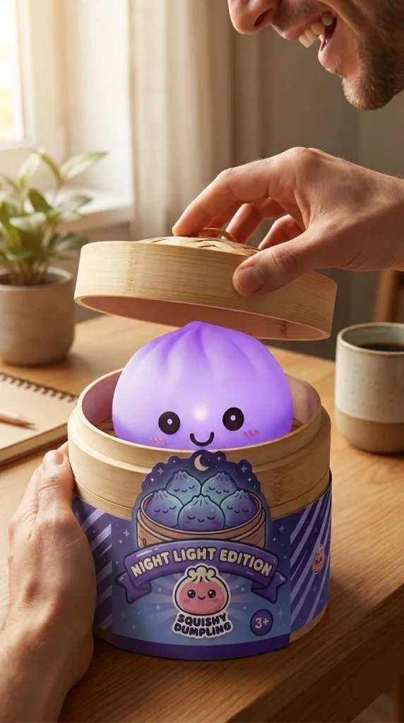 Dumpling Squishy Nachtlampje Zacht Paars tijdens het uitpakken