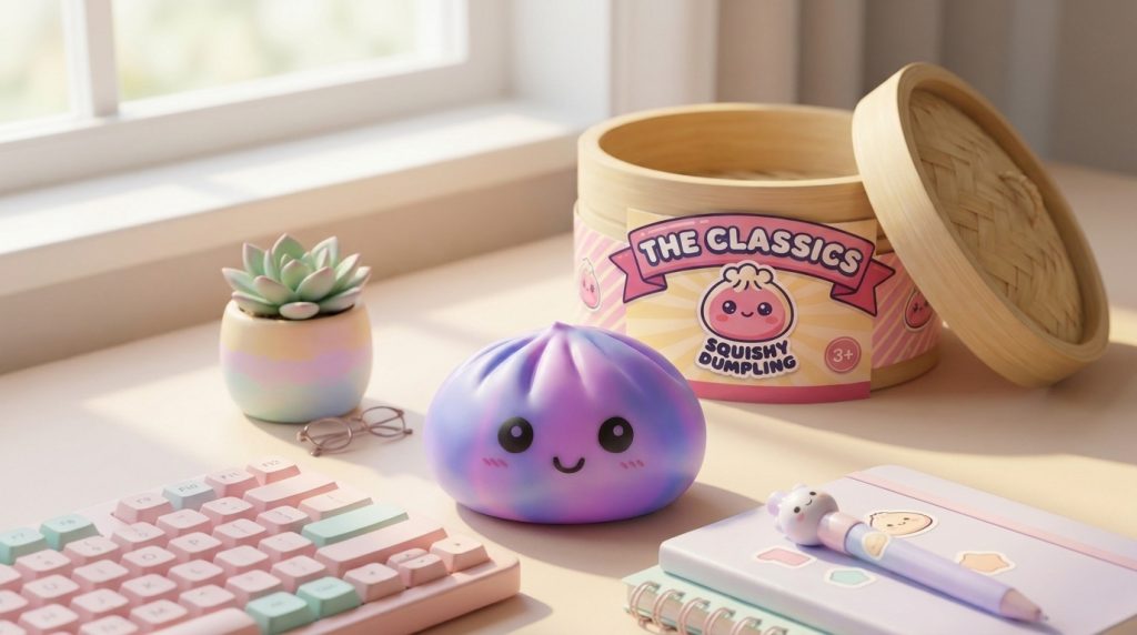 Tie Dye Dumpling Squishy Paars in zijn kawaii omgeving