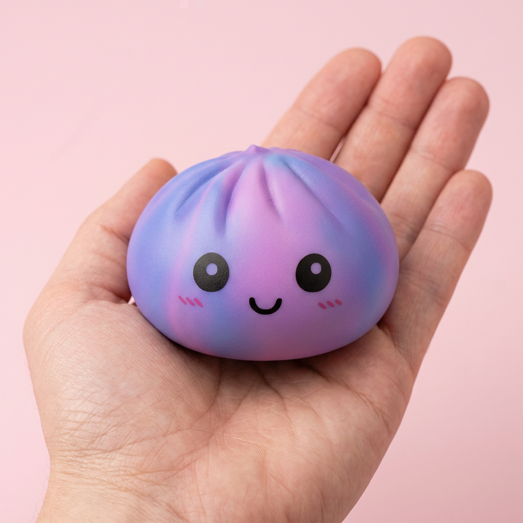 Tie Dye Dumpling Squishy Paars in de hand gehouden, echte grootte