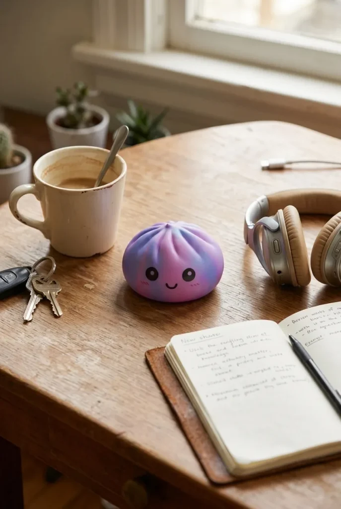 Tie Dye Dumpling Squishy Paars op het bureau