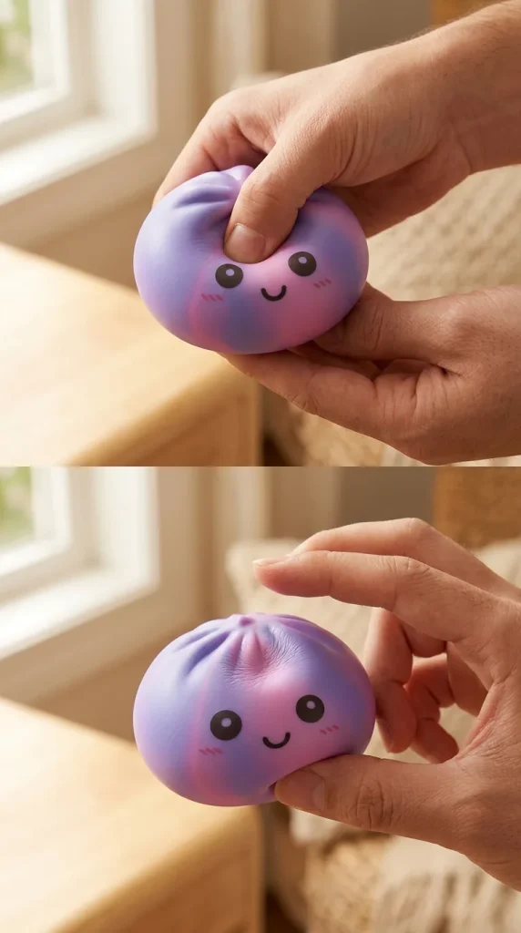 Tie Dye Dumpling Squishy Paars tijdens het knijpen