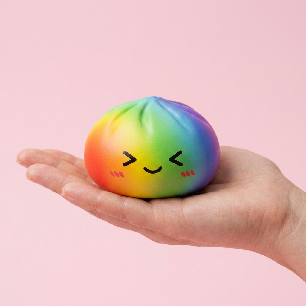 Rainbow Dumpling Squishy Regenboog Kawaii in de hand gehouden, echte grootte
