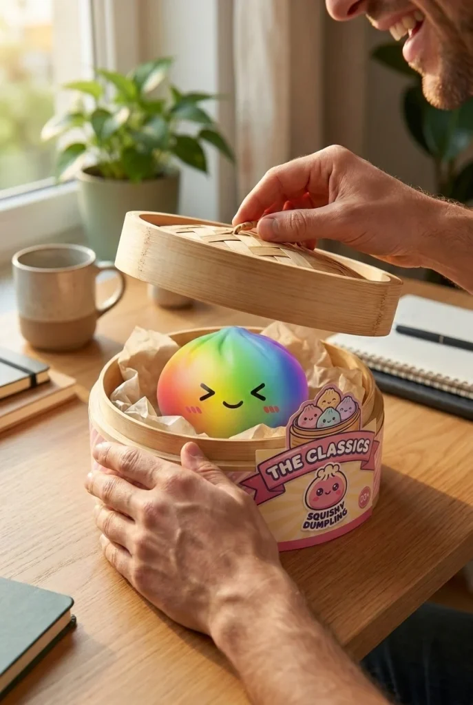 Rainbow Dumpling Squishy Regenboog Kawaii tijdens het uitpakken