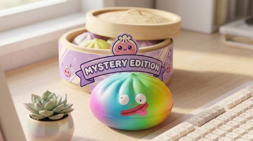 Rainbow Mystery Dumplings Squishy Verrassing in zijn kawaii omgeving