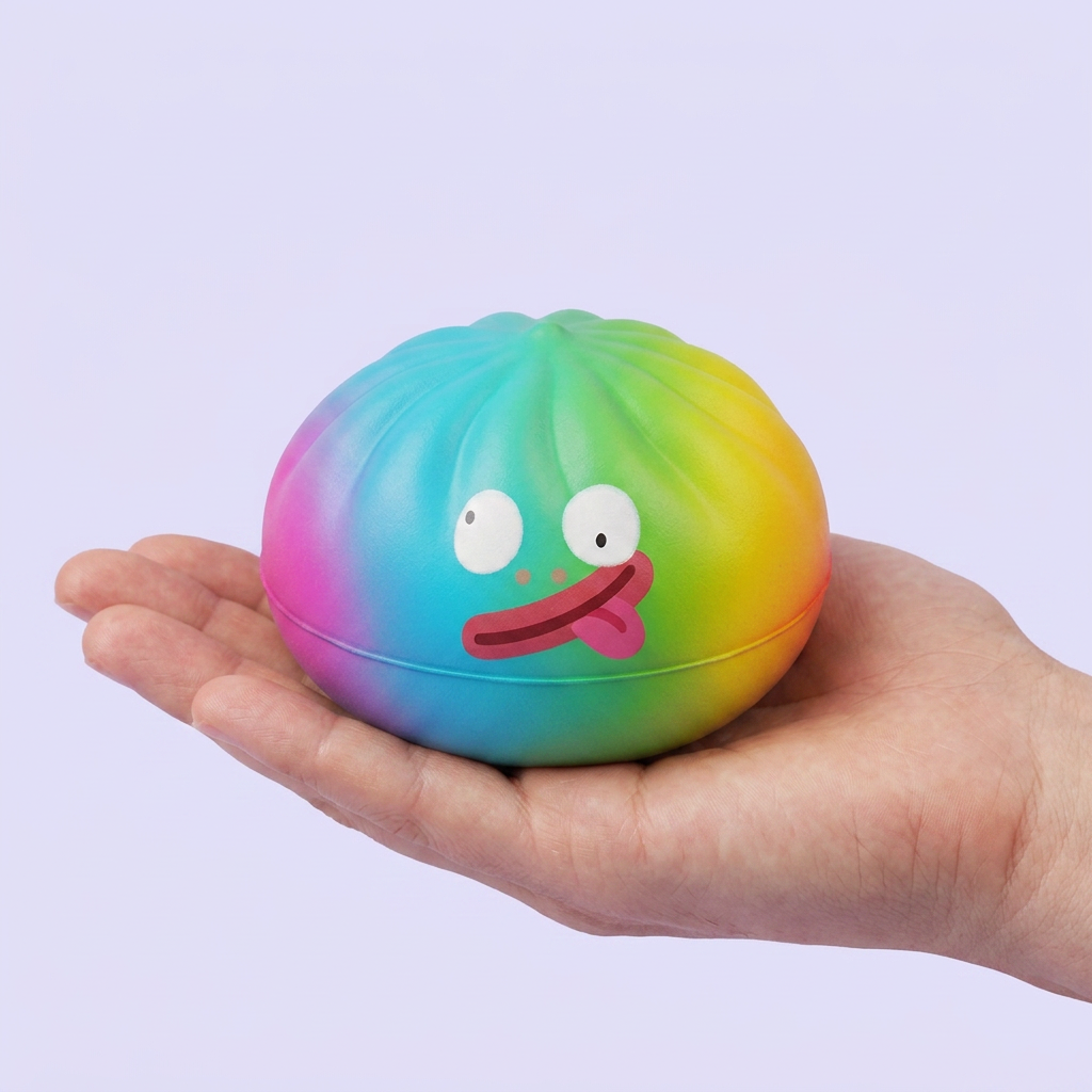 Rainbow Mystery Dumplings Squishy Verrassing in de hand gehouden, echte grootte