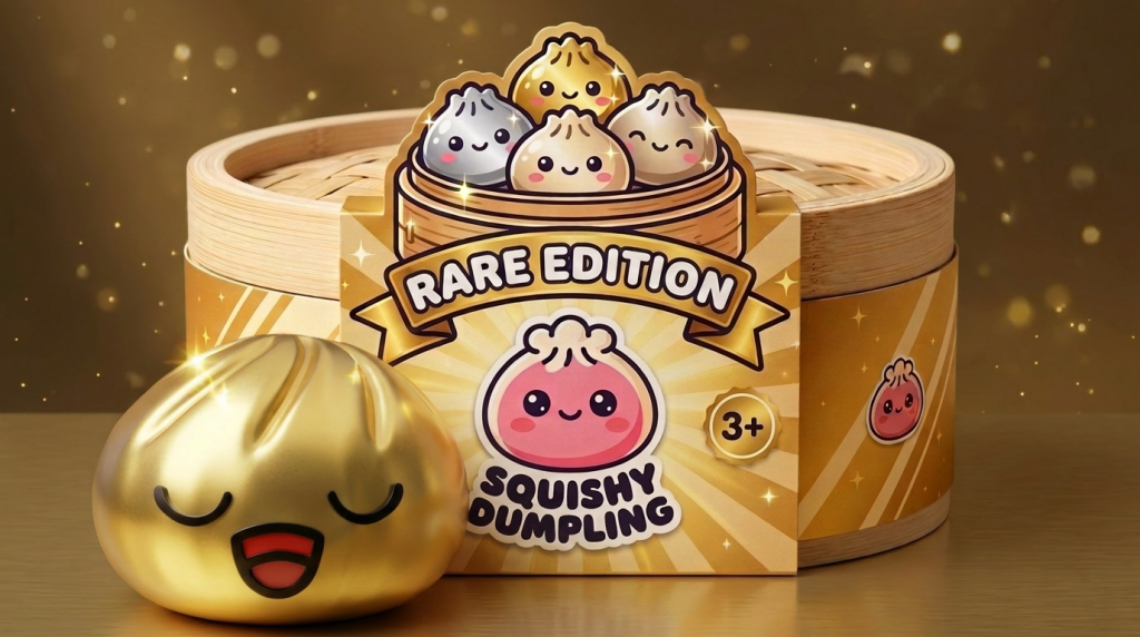 Rare Dumpling Squishy Gouden Schat in zijn kawaii omgeving