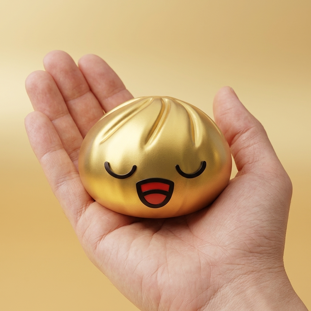 Rare Dumpling Squishy Gouden Schat in de hand gehouden, echte grootte