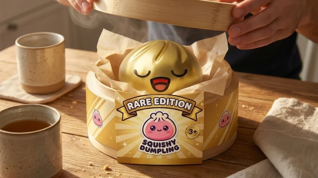 Rare Dumpling Squishy Gouden Schat tijdens het uitpakken